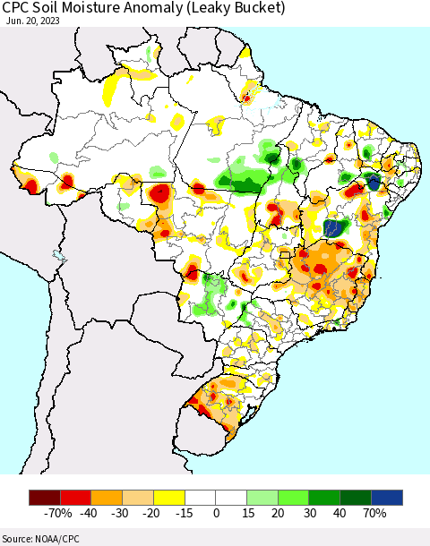 Brazil CPC Soil Moisture Anomaly (Leaky Bucket) Thematic Map For 6/16/2023 - 6/20/2023