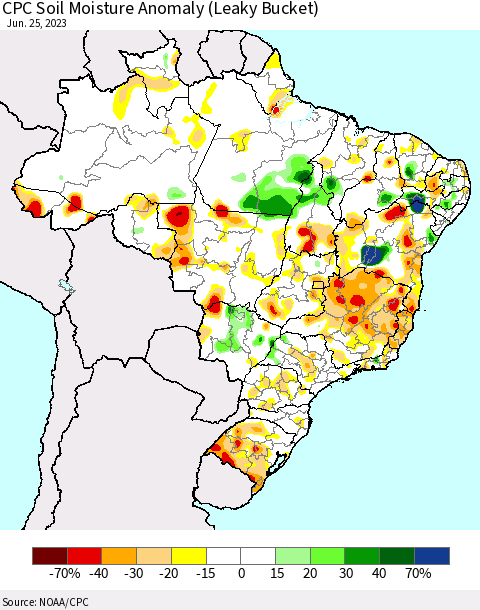 Brazil CPC Soil Moisture Anomaly (Leaky Bucket) Thematic Map For 6/21/2023 - 6/25/2023