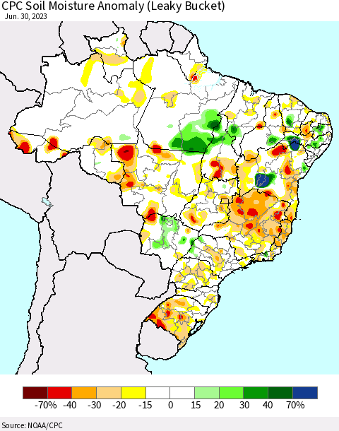 Brazil CPC Soil Moisture Anomaly (Leaky Bucket) Thematic Map For 6/26/2023 - 6/30/2023