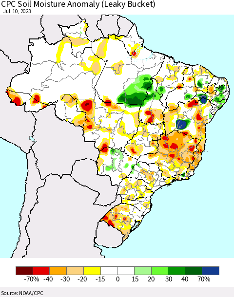 Brazil CPC Soil Moisture Anomaly (Leaky Bucket) Thematic Map For 7/6/2023 - 7/10/2023