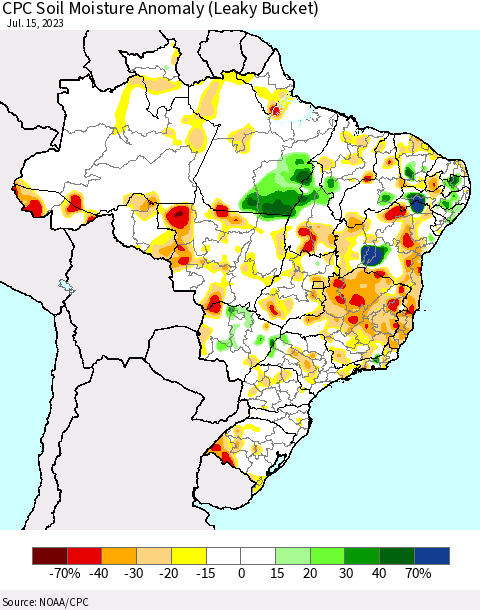 Brazil CPC Soil Moisture Anomaly (Leaky Bucket) Thematic Map For 7/11/2023 - 7/15/2023