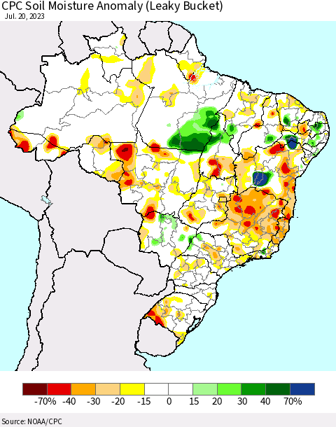 Brazil CPC Soil Moisture Anomaly (Leaky Bucket) Thematic Map For 7/16/2023 - 7/20/2023