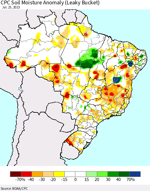 Brazil CPC Soil Moisture Anomaly (Leaky Bucket) Thematic Map For 7/21/2023 - 7/25/2023