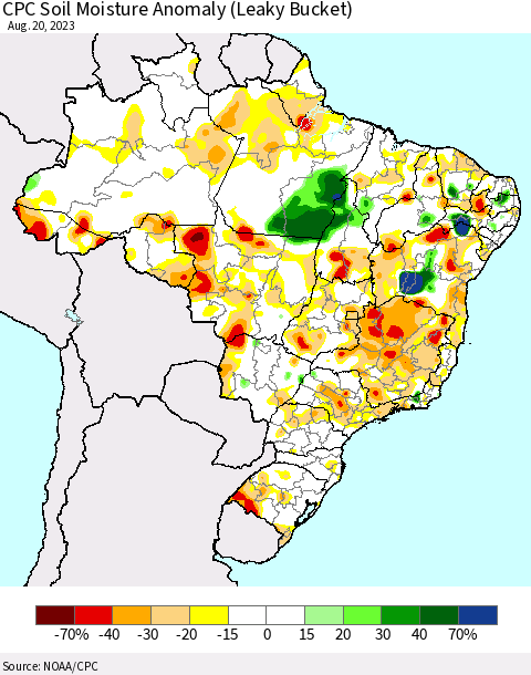 Brazil CPC Soil Moisture Anomaly (Leaky Bucket) Thematic Map For 8/16/2023 - 8/20/2023