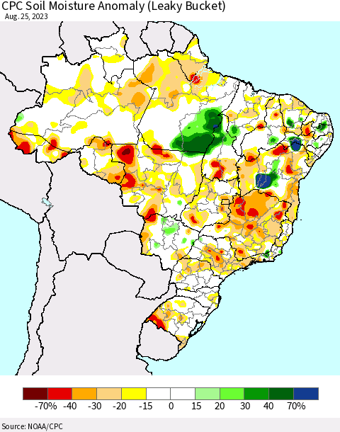 Brazil CPC Soil Moisture Anomaly (Leaky Bucket) Thematic Map For 8/21/2023 - 8/25/2023