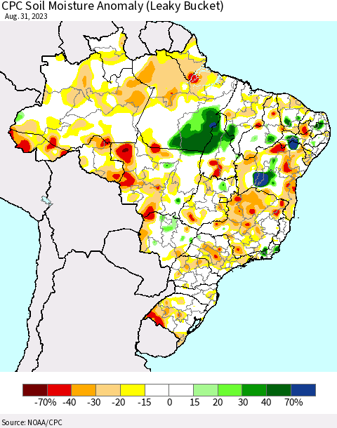 Brazil CPC Soil Moisture Anomaly (Leaky Bucket) Thematic Map For 8/26/2023 - 8/31/2023