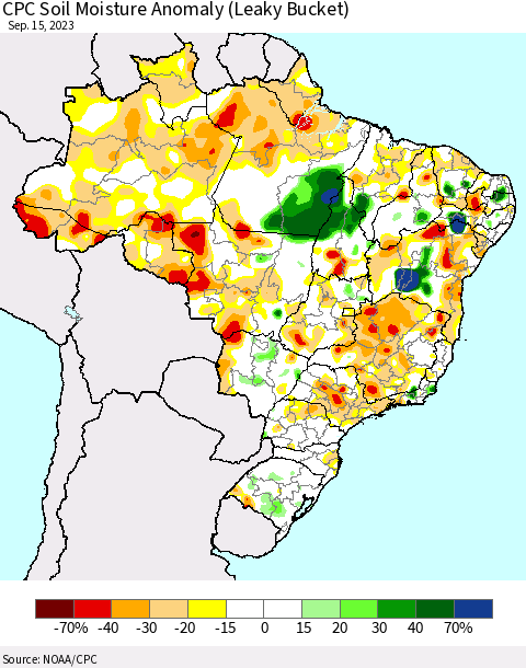 Brazil CPC Soil Moisture Anomaly (Leaky Bucket) Thematic Map For 9/11/2023 - 9/15/2023