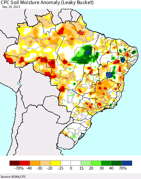Brazil CPC Soil Moisture Anomaly (Leaky Bucket) Thematic Map For 9/16/2023 - 9/20/2023
