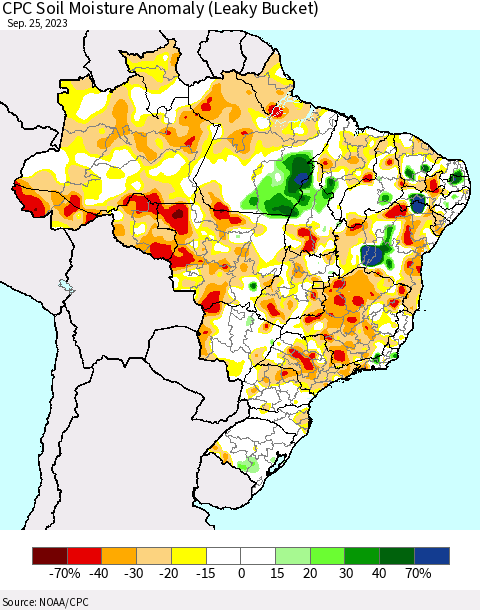 Brazil CPC Soil Moisture Anomaly (Leaky Bucket) Thematic Map For 9/21/2023 - 9/25/2023