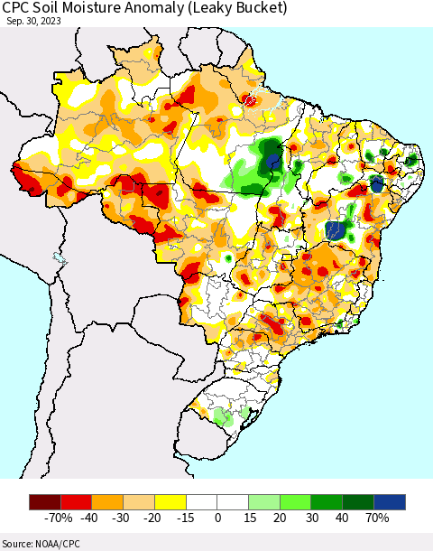 Brazil CPC Soil Moisture Anomaly (Leaky Bucket) Thematic Map For 9/26/2023 - 9/30/2023