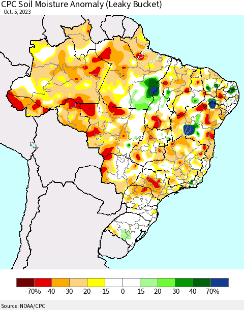 Brazil CPC Soil Moisture Anomaly (Leaky Bucket) Thematic Map For 10/1/2023 - 10/5/2023