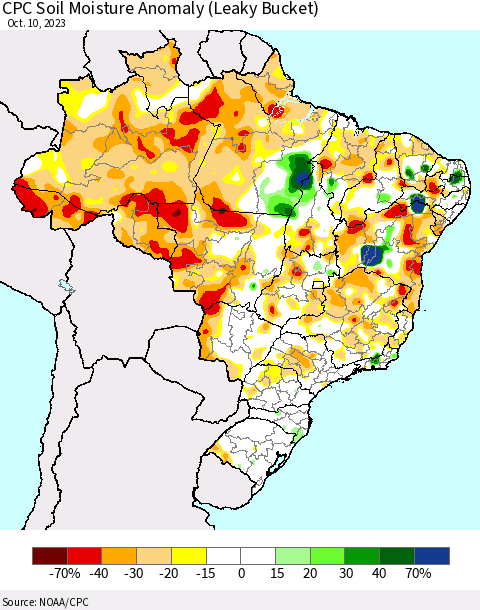 Brazil CPC Soil Moisture Anomaly (Leaky Bucket) Thematic Map For 10/6/2023 - 10/10/2023