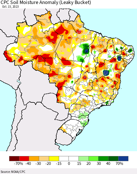 Brazil CPC Soil Moisture Anomaly (Leaky Bucket) Thematic Map For 10/11/2023 - 10/15/2023
