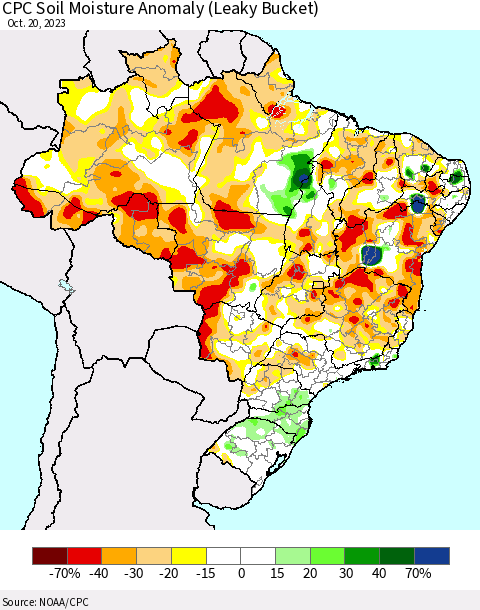 Brazil CPC Soil Moisture Anomaly (Leaky Bucket) Thematic Map For 10/16/2023 - 10/20/2023
