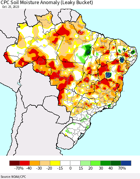 Brazil CPC Soil Moisture Anomaly (Leaky Bucket) Thematic Map For 10/21/2023 - 10/25/2023