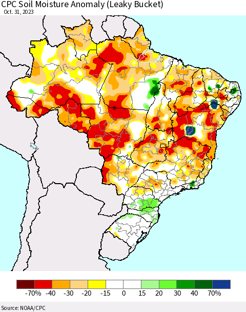 Brazil CPC Soil Moisture Anomaly (Leaky Bucket) Thematic Map For 10/26/2023 - 10/31/2023