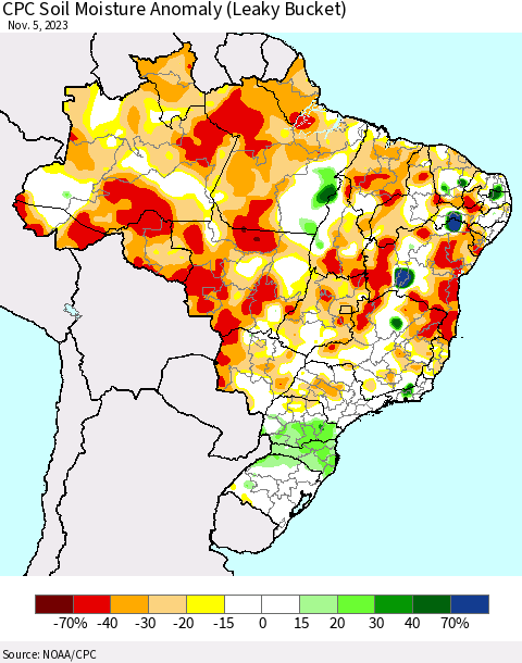 Brazil CPC Soil Moisture Anomaly (Leaky Bucket) Thematic Map For 11/1/2023 - 11/5/2023