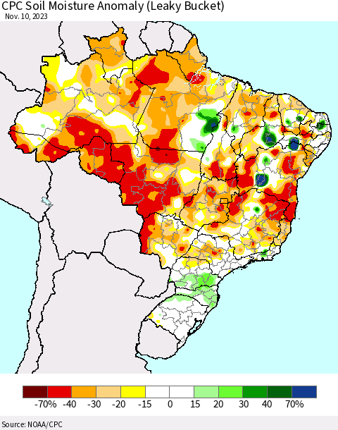 Brazil CPC Soil Moisture Anomaly (Leaky Bucket) Thematic Map For 11/6/2023 - 11/10/2023