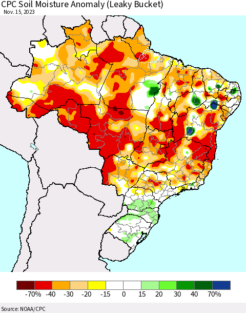 Brazil CPC Soil Moisture Anomaly (Leaky Bucket) Thematic Map For 11/11/2023 - 11/15/2023