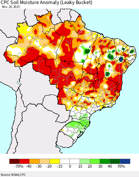 Brazil CPC Soil Moisture Anomaly (Leaky Bucket) Thematic Map For 11/16/2023 - 11/20/2023