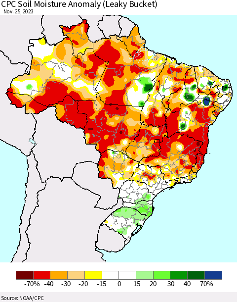 Brazil CPC Soil Moisture Anomaly (Leaky Bucket) Thematic Map For 11/21/2023 - 11/25/2023