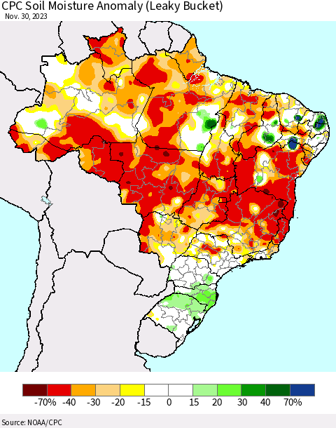 Brazil CPC Soil Moisture Anomaly (Leaky Bucket) Thematic Map For 11/26/2023 - 11/30/2023