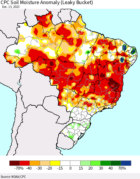 Brazil CPC Soil Moisture Anomaly (Leaky Bucket) Thematic Map For 12/11/2023 - 12/15/2023
