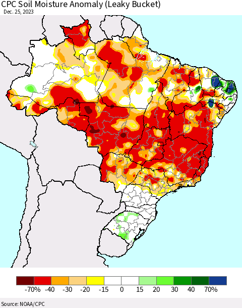 Brazil CPC Soil Moisture Anomaly (Leaky Bucket) Thematic Map For 12/21/2023 - 12/25/2023