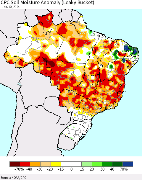 Brazil CPC Soil Moisture Anomaly (Leaky Bucket) Thematic Map For 1/6/2024 - 1/10/2024