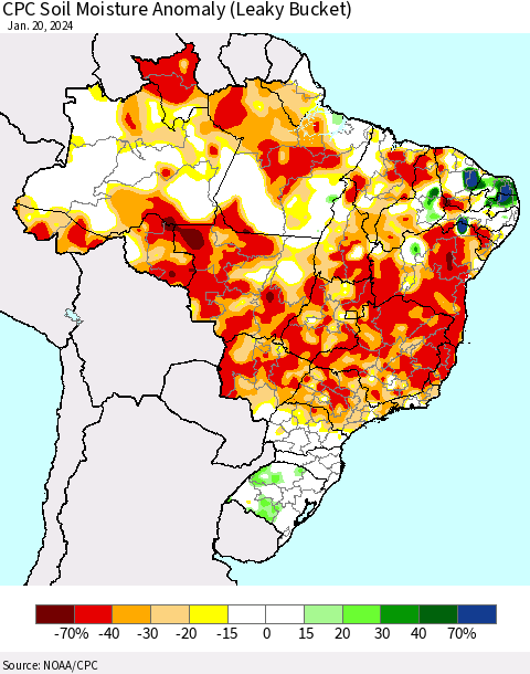 Brazil CPC Soil Moisture Anomaly (Leaky Bucket) Thematic Map For 1/16/2024 - 1/20/2024