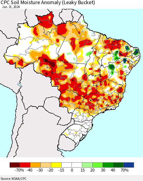 Brazil CPC Soil Moisture Anomaly (Leaky Bucket) Thematic Map For 1/26/2024 - 1/31/2024