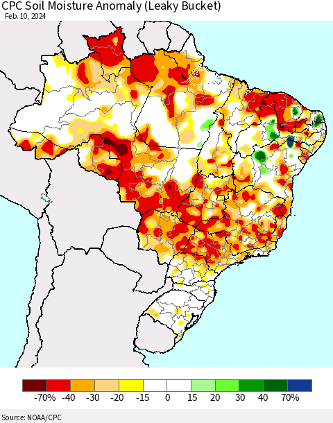 Brazil CPC Soil Moisture Anomaly (Leaky Bucket) Thematic Map For 2/6/2024 - 2/10/2024