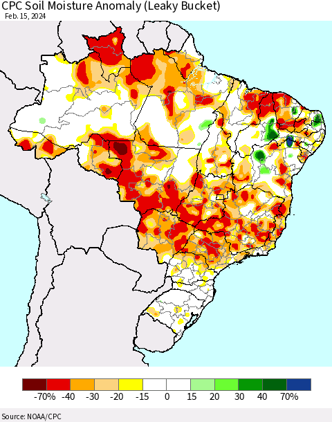 Brazil CPC Soil Moisture Anomaly (Leaky Bucket) Thematic Map For 2/11/2024 - 2/15/2024