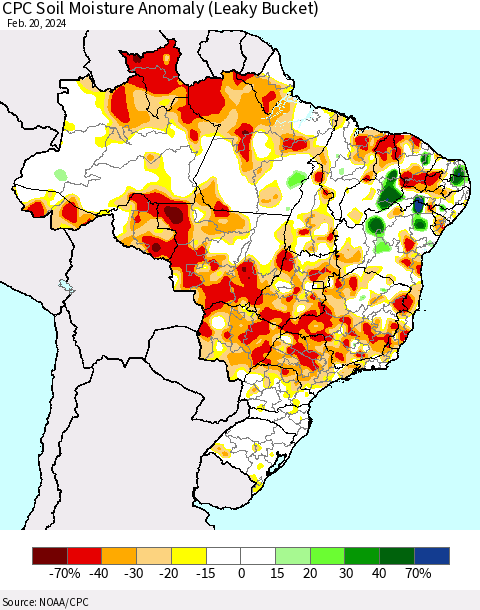 Brazil CPC Soil Moisture Anomaly (Leaky Bucket) Thematic Map For 2/16/2024 - 2/20/2024