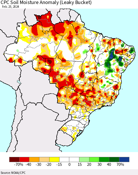 Brazil CPC Soil Moisture Anomaly (Leaky Bucket) Thematic Map For 2/21/2024 - 2/25/2024