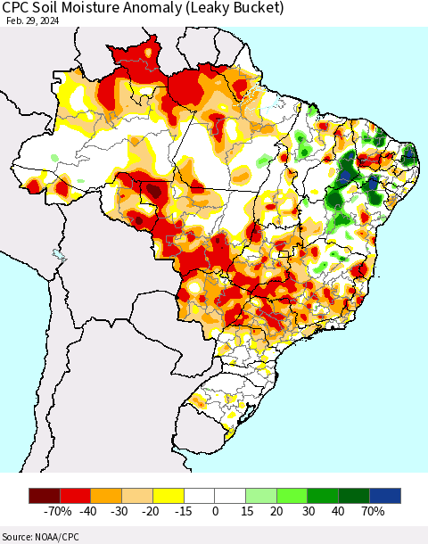 Brazil CPC Soil Moisture Anomaly (Leaky Bucket) Thematic Map For 2/26/2024 - 2/29/2024