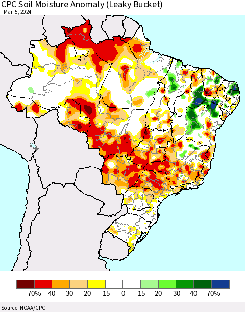 Brazil CPC Soil Moisture Anomaly (Leaky Bucket) Thematic Map For 3/1/2024 - 3/5/2024