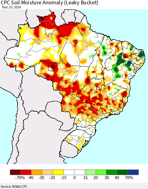 Brazil CPC Soil Moisture Anomaly (Leaky Bucket) Thematic Map For 3/6/2024 - 3/10/2024