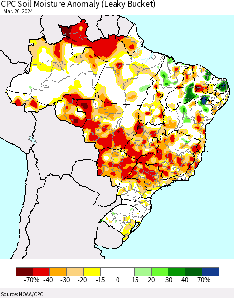 Brazil CPC Soil Moisture Anomaly (Leaky Bucket) Thematic Map For 3/16/2024 - 3/20/2024