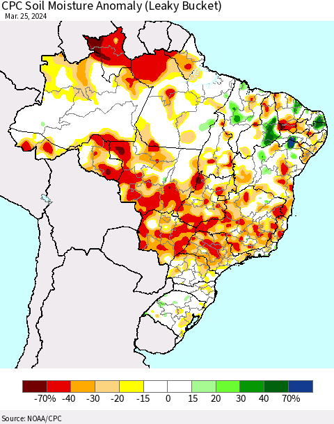 Brazil CPC Soil Moisture Anomaly (Leaky Bucket) Thematic Map For 3/21/2024 - 3/25/2024