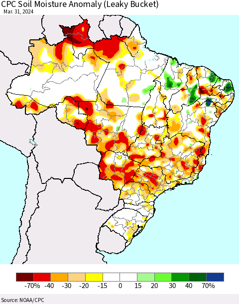Brazil CPC Soil Moisture Anomaly (Leaky Bucket) Thematic Map For 3/26/2024 - 3/31/2024