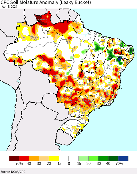 Brazil CPC Soil Moisture Anomaly (Leaky Bucket) Thematic Map For 4/1/2024 - 4/5/2024