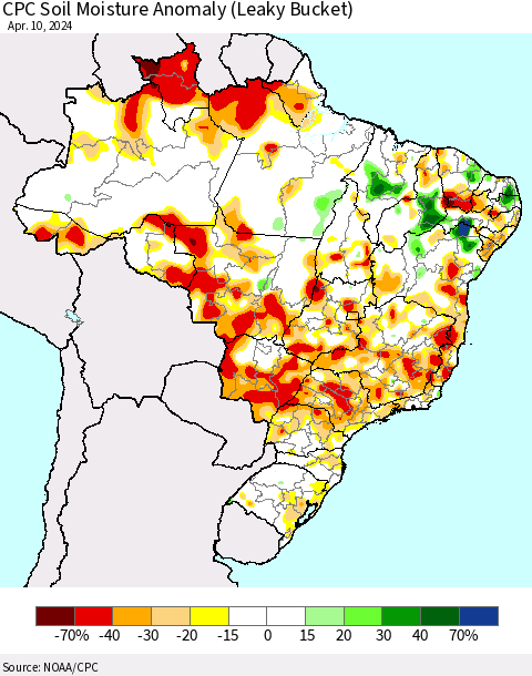 Brazil CPC Soil Moisture Anomaly (Leaky Bucket) Thematic Map For 4/6/2024 - 4/10/2024