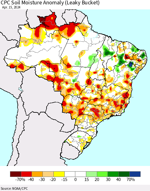 Brazil CPC Soil Moisture Anomaly (Leaky Bucket) Thematic Map For 4/11/2024 - 4/15/2024