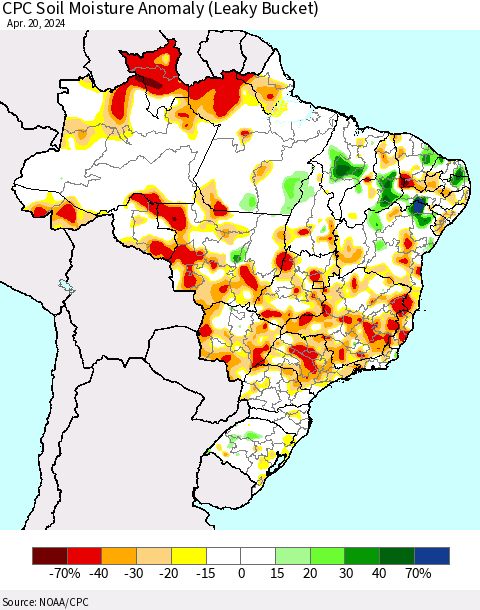 Brazil CPC Soil Moisture Anomaly (Leaky Bucket) Thematic Map For 4/16/2024 - 4/20/2024