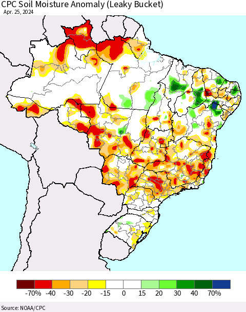 Brazil CPC Soil Moisture Anomaly (Leaky Bucket) Thematic Map For 4/21/2024 - 4/25/2024