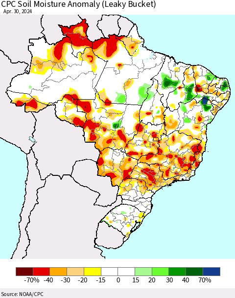 Brazil CPC Soil Moisture Anomaly (Leaky Bucket) Thematic Map For 4/26/2024 - 4/30/2024
