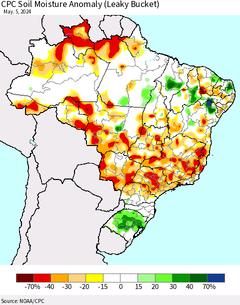 Brazil CPC Soil Moisture Anomaly (Leaky Bucket) Thematic Map For 5/1/2024 - 5/5/2024