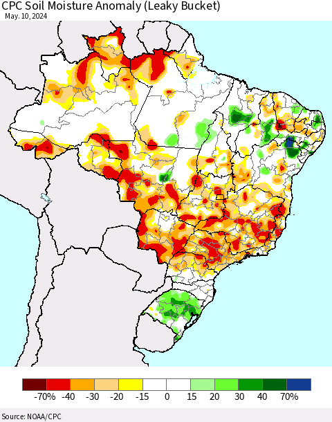 Brazil CPC Soil Moisture Anomaly (Leaky Bucket) Thematic Map For 5/6/2024 - 5/10/2024
