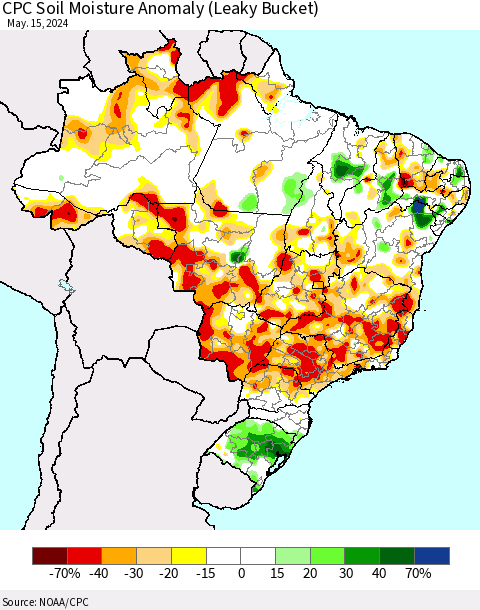 Brazil CPC Soil Moisture Anomaly (Leaky Bucket) Thematic Map For 5/11/2024 - 5/15/2024